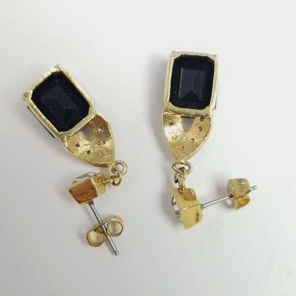 Vintage Black Rhinestone Stud Dangle Earrings, Retro Elegance, Gold Tone Setting - Picture 3 of 6